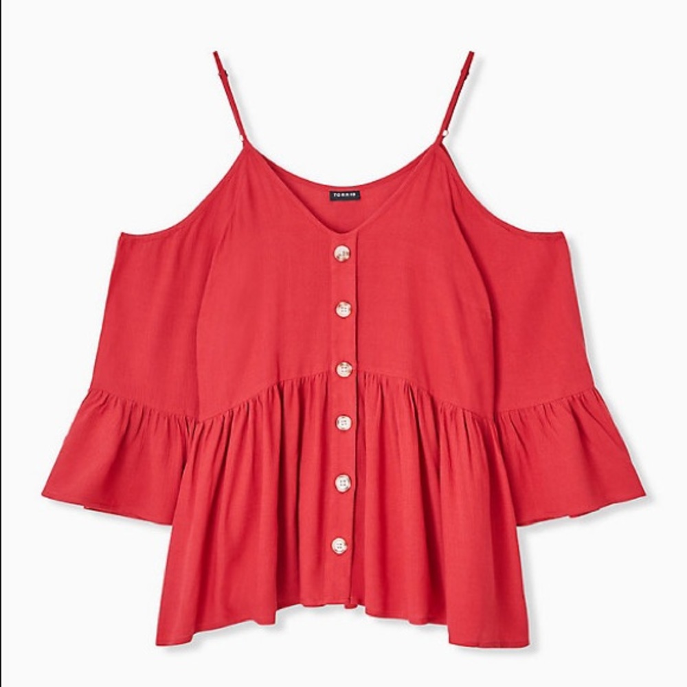 RED GAUZE BUTTON COLD SHOULDER BELL SLEEVE TOP